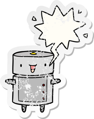 Konuşma baloncuğu olan sevimli çizgi film robotu bir insan tarafından çizilmiş sıkıntılı eski bir çıkartma