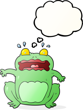 Serbest çizim düşünce balonu karikatürü komik korkmuş kurbağa bir insan tarafından çizilmiş.