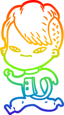 Gökkuşağı gradyan çizimi. Hipster saç kesimi bir insan tarafından çizilmiş şirin bir çizgi film kızı.