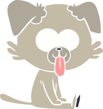 Düz renkli çizgi film, dili bir insan tarafından çizilmiş, oturan bir köpek.