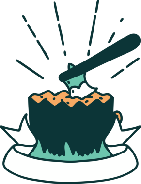 Bir insan tarafından çizilmiş ağaç kütüğünde dövme stili baltası olan kaydırma pankartı