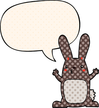 Çizgi roman tarzında konuşma balonu olan çizgi film tavşanı bir insan tarafından çizilmiş.