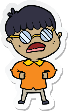 Bir insan tarafından çizilmiş gözlüklü bir çizgi film çocuğunun çıkartması.