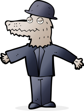 Bir insan tarafından çizilmiş akıllı giyimli kurtadam çizgi filmi.