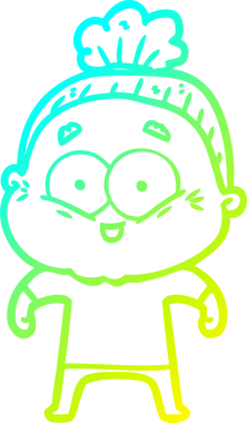 Bir insan tarafından çizilmiş, mutlu, yaşlı bir kadının çizimi.