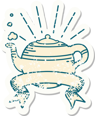 Bir insan tarafından çizilmiş eski dövme stili buharlı çaydanlık etiketi.