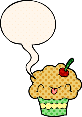 Bir insan tarafından çizilmiş komik çizgi roman tarzı konuşma baloncuklu kek.