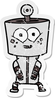 Bir insan tarafından çizilmiş mutlu çizgi film robotunun sıkıntılı çıkartması.