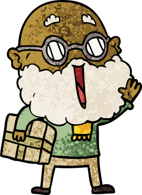 Bir insan tarafından çizilmiş sakallı ve kolunun altında paket olan neşeli çizgi film adamı.