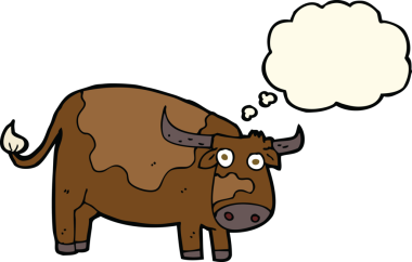 Bir insan tarafından çizilmiş düşünce balonlu çizgi film ineği.