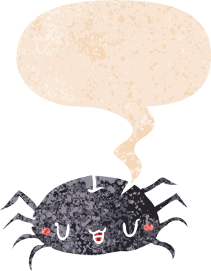 çizgi film örümceği, konuşma baloncuğu ve grunge dertli eski moda bir insan tarafından çizilmiş.