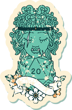 Retro Dövme Biçimi Yarı Ork Barbar Karakteri Bir insan tarafından çizilmiş 20 zar ile