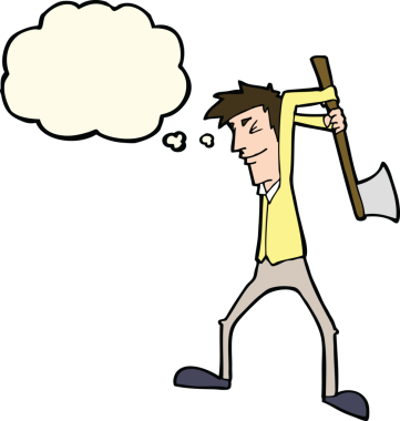 Bir insan tarafından çizilmiş düşünce balonuyla balta sallayan çizgi film adamı.