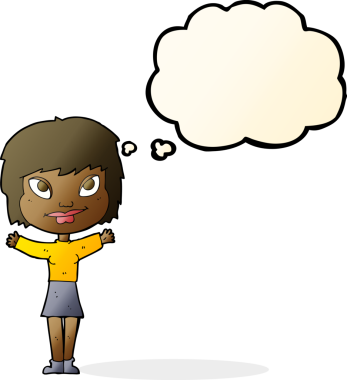 Bir insan tarafından çizilmiş düşünce baloncuğuyla kollarını sallayan çizgi film kadını.