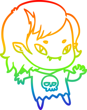 Gökkuşağı gradyan çizgi çizimi. Bir insan tarafından çizilmiş, arkadaş canlısı vampir kız.