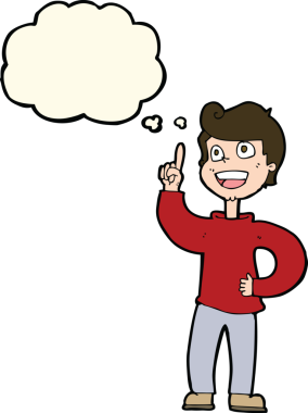 Bir insan tarafından çizilmiş düşünce baloncuğuyla harika bir fikri olan çizgi film çocuğu.