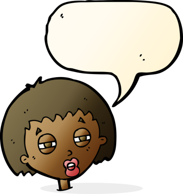 Bir insan tarafından çizilmiş konuşma baloncuğuyla gözlerini kısarak bakan çizgi film kadını.