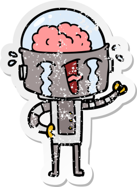 Bir insan tarafından çizilmiş, karikatür ağlayan robot çıkartması.