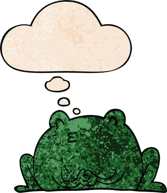 Bir insan tarafından çizilmiş grunge desenli düşünce baloncuğu olan sevimli çizgi film kurbağası.