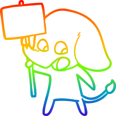 Gökkuşağı gradyan çizgisi bir insan tarafından çizilmiş levhayı tutan şirin bir fil çizimi