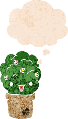 Düşünce baloncuğuyla saksıya konmuş karikatür bir insan tarafından çizilmiş dertli retro desenli.