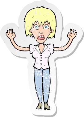 Bir insan tarafından çizilmiş, gerilmiş bir karikatür kadının gerilimli retro yapıştırması.