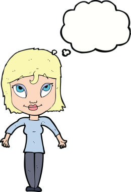 Bir insan tarafından çizilmiş düşünce baloncuğuyla omuz silken çizgi film kızı.