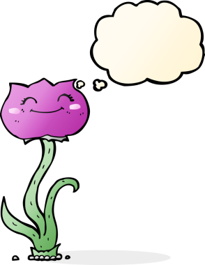 Bir insan tarafından çizilmiş düşünce baloncuklu karikatür çiçeği