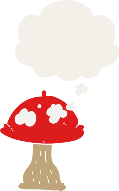 Düşünce baloncuğu olan çizgi film mantarları insan tarafından çizilmiş.