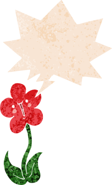 Bir insan tarafından çizilmiş grunge dertli retro biçimli konuşma baloncuklu karikatür çiçeği