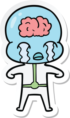 Bir çizgi film çıkartması. Bir insan tarafından çizilmiş büyük beyinli uzaylı ağlaması.