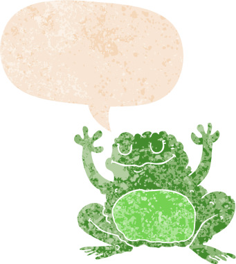 grunge 'da konuşma baloncuğu olan karikatür kurbağası bir insan tarafından çizilmiş dertli retro stil.