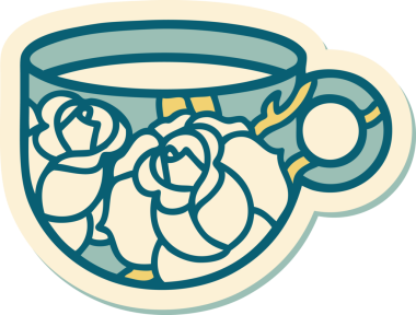 Geleneksel bir kupa stili dövme çıkartması ve bir insan tarafından çizilmiş çiçekler.