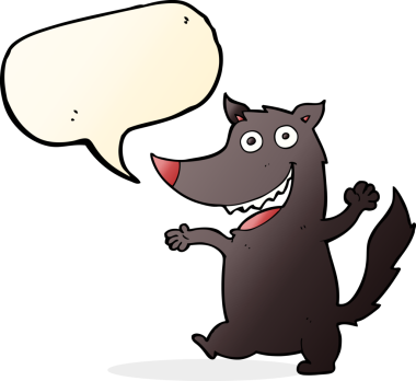 Bir insan tarafından çizilmiş konuşma balonlu mutlu kurt çizgi filmi.