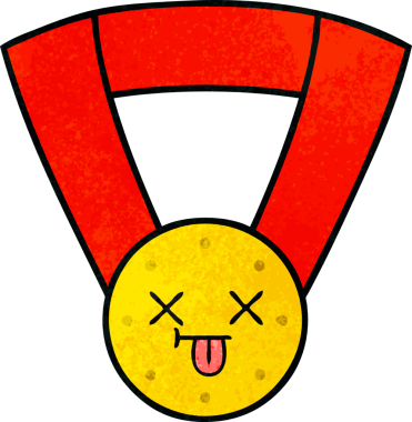 Bir insan tarafından çizilmiş altın madalyanın retro grunge desenli karikatürü