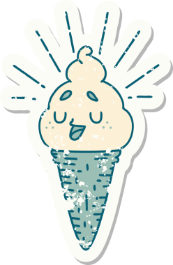 Bir insan tarafından çizilmiş dövmeli dondurma karakterinin eski bir çıkartması.