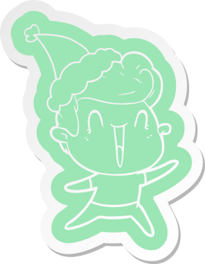 Bir insan tarafından çizilmiş Noel Baba şapkası giyen heyecanlı bir adamın garip çizgi film çıkartması.