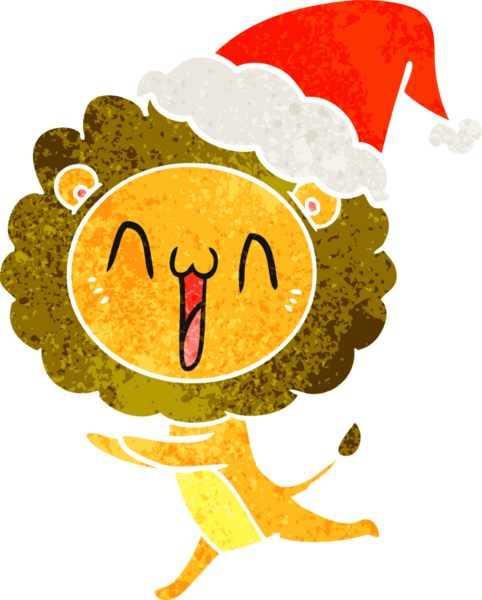 Mutlu el, bir insan tarafından çizilmiş Noel Baba şapkası takan bir aslanın retro karikatürü.