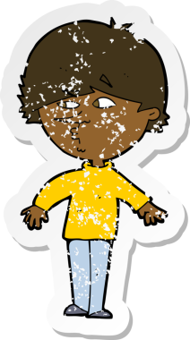 Bir insan tarafından çizilmiş omzunun üzerinden bakan şüpheli bir çizgi filmin gerilemiş çıkartması.