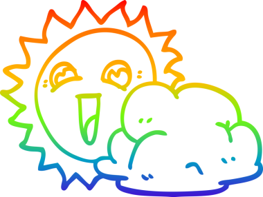 Çizgi film güneşi ve bir insan tarafından çizilen bulutun çizimi.