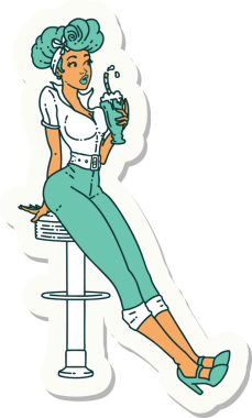 Bir insan tarafından çizilmiş milkshake 'i içen bir kızın geleneksel stiliyle dövme çıkartması.