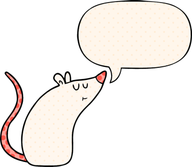 Bir insan tarafından çizilmiş çizgi roman tarzında konuşma balonu olan beyaz fare.