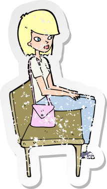 Bir insan tarafından çizilmiş bankta oturan bir karikatür kadının gerilimli retro yapıştırması.