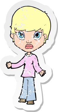 Bir insan tarafından çizilmiş omuzlarını silken karikatürlü bir kadının gerilmiş çıkartması.