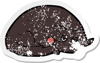 Bir insan tarafından çizilmiş kıvrımlı bir köpeğin gerilmiş çıkartması.