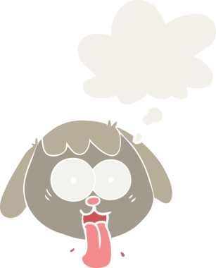 Çizgi film köpeğinin yüzü insan tarafından çizilmiş düşünce baloncuğuyla nefes nefese.