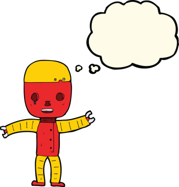 Bir insan tarafından çizilmiş düşünce baloncuklu çizgi film robotu