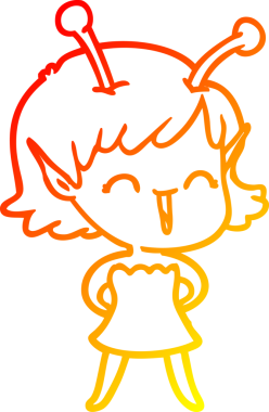 Bir insan tarafından çizilen gülen uzaylı bir kızın sıcak çizgi çizimi.