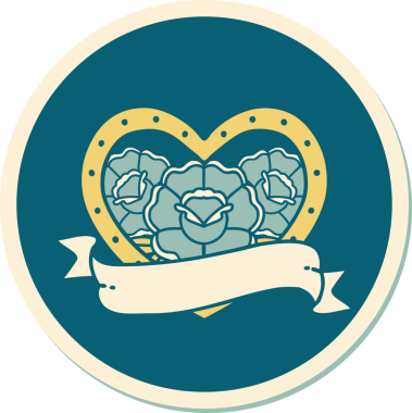 Geleneksel kalp stili dövme çıkartması ve bir insan tarafından çizilmiş çiçekli pankart.