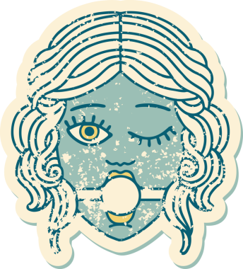 Bir insan tarafından çizilmiş top şakası takan, göz kırpan bir kadın yüzü.